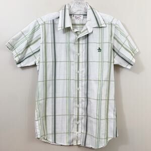 Original Penguin Windowpane Plaid Short Sleeve Green/White Button Down Shirt